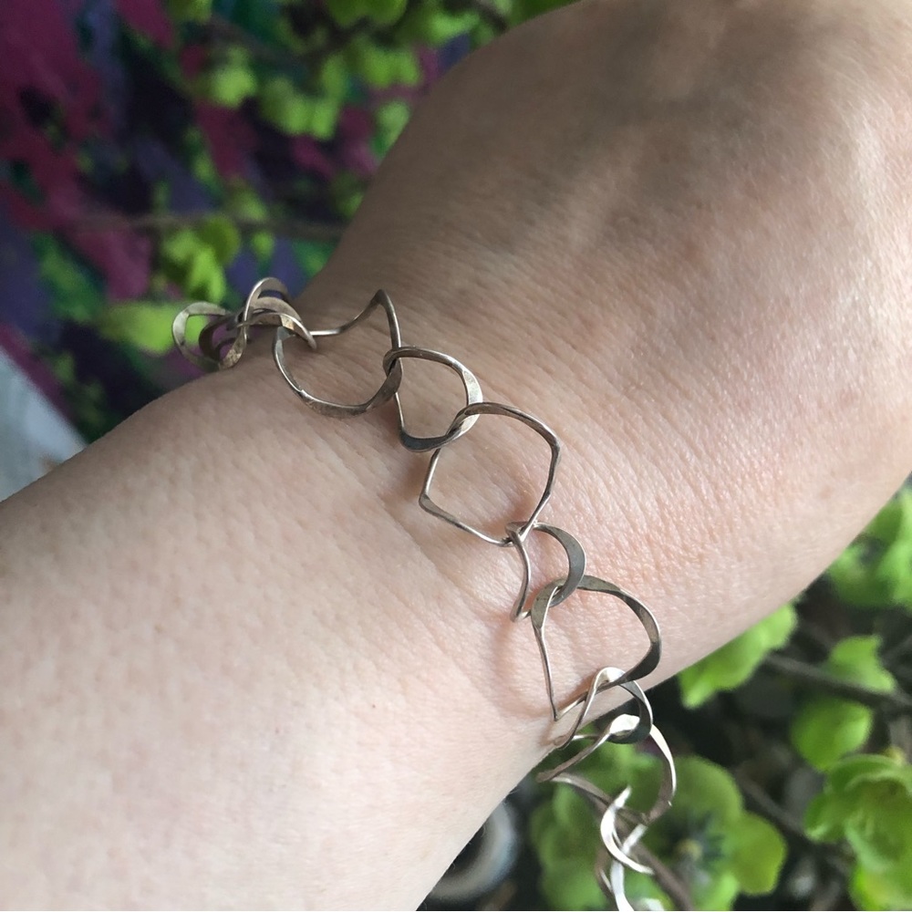 Handcrafted lightweight hammered recycled silver ring link bracelet